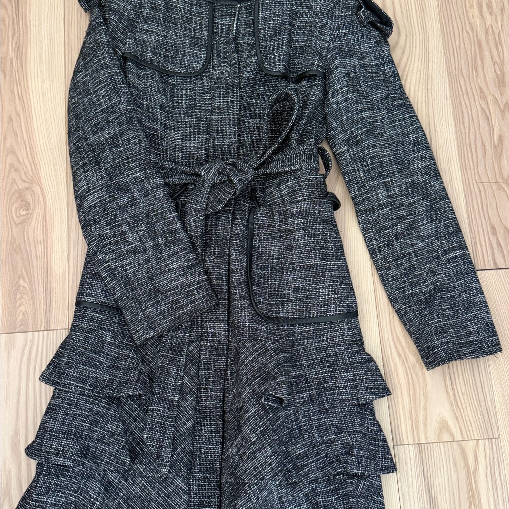 Nanette Lepore Chic Black Tweed Ruffle Coat